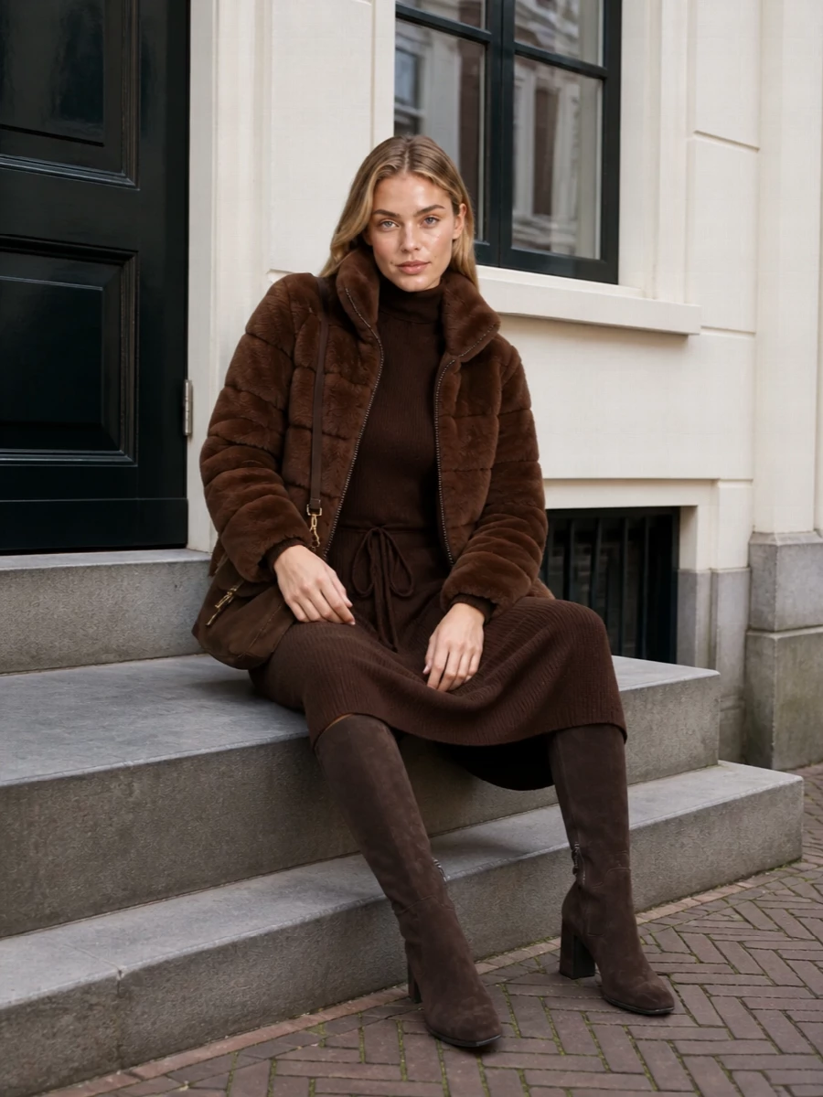 I’m building this around the dress route, so the puffer wraps over a lean chocolate knit column rather than breaking the line with separates. The result is a fully tonal, winter city outfit where texture does the work: plush faux-fur, fine ribs, suede and soft leather, all in shades of cocoa. Knee boots and a slim cross-body keep the silhouette long and considered, ready for anything from a quiet dinner to a full day out in the cold.