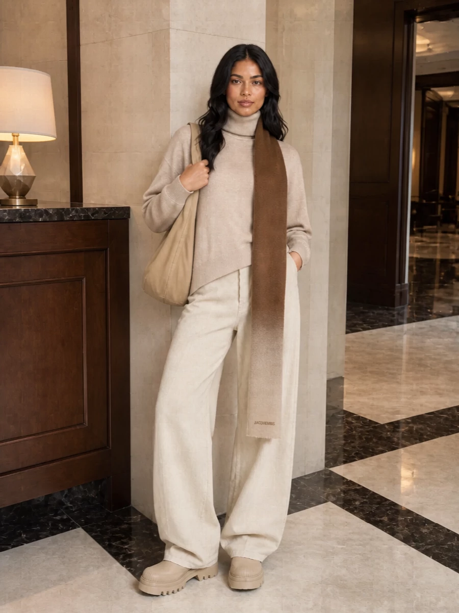 A palette of soft beiges and creams keeps the wide-leg corduroy grounded in a calm, tonal story. The light knit and sand Chelsea boots echo the same softness, so the volume reads intentional rather than oversized. A slouchy hobo and slender ombré scarf finish it with quiet texture and movement for relaxed winter days in the city.