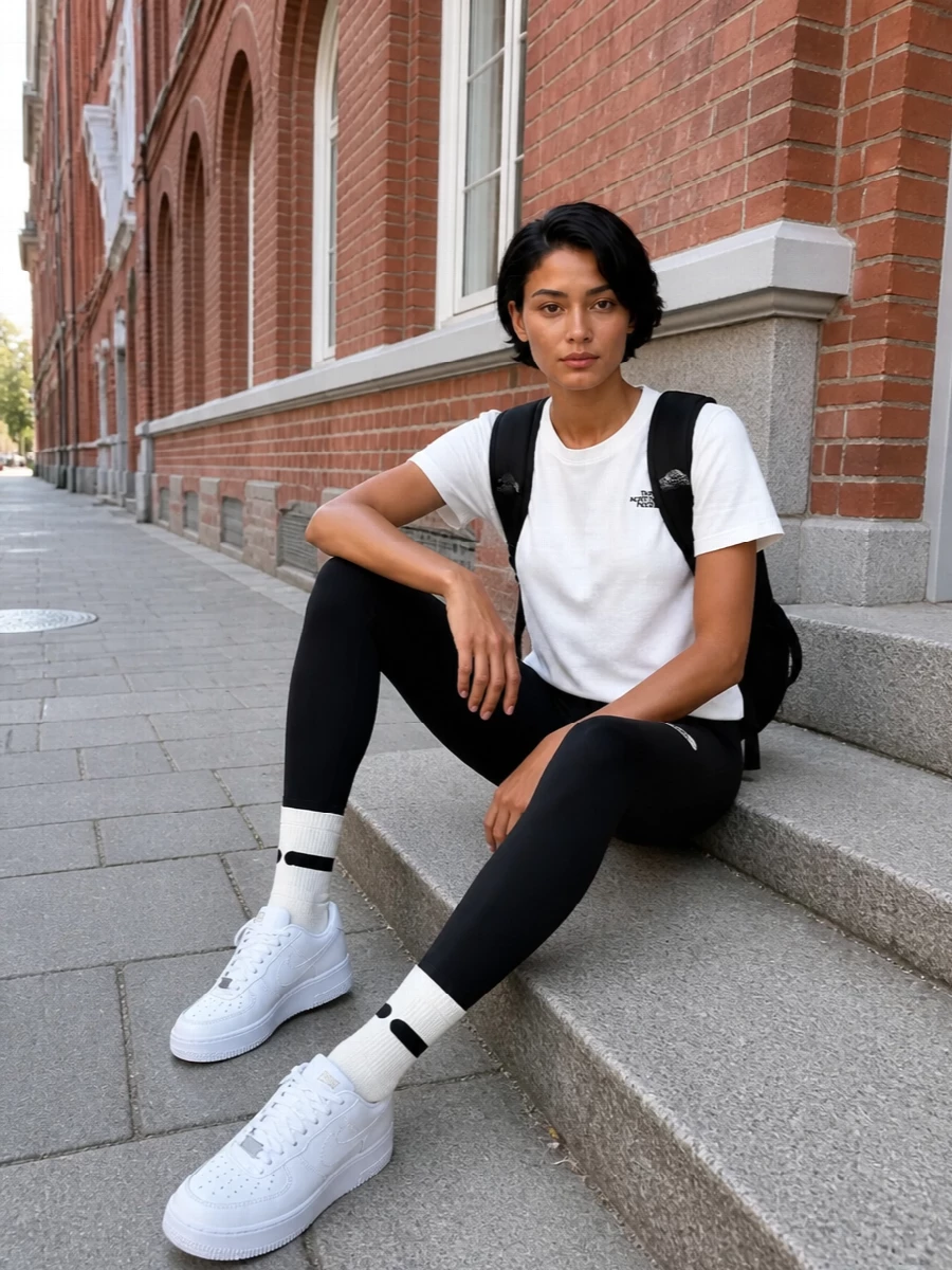 North face tee black leggings white nike sneakers