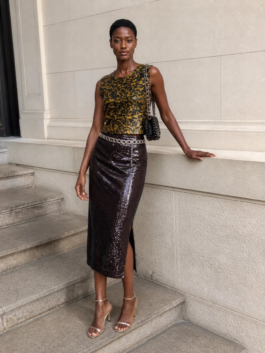 Staud sequin top parosh chocolate sequin skirt