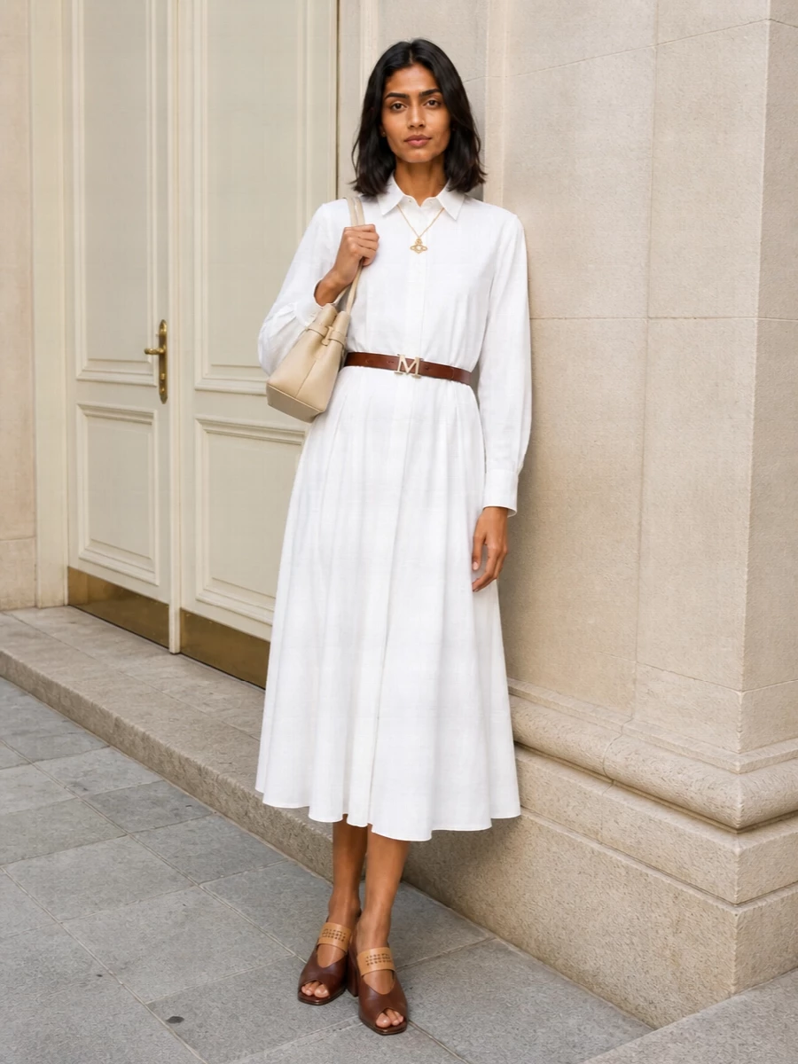 Max mara white shirt dress brown heel outfit