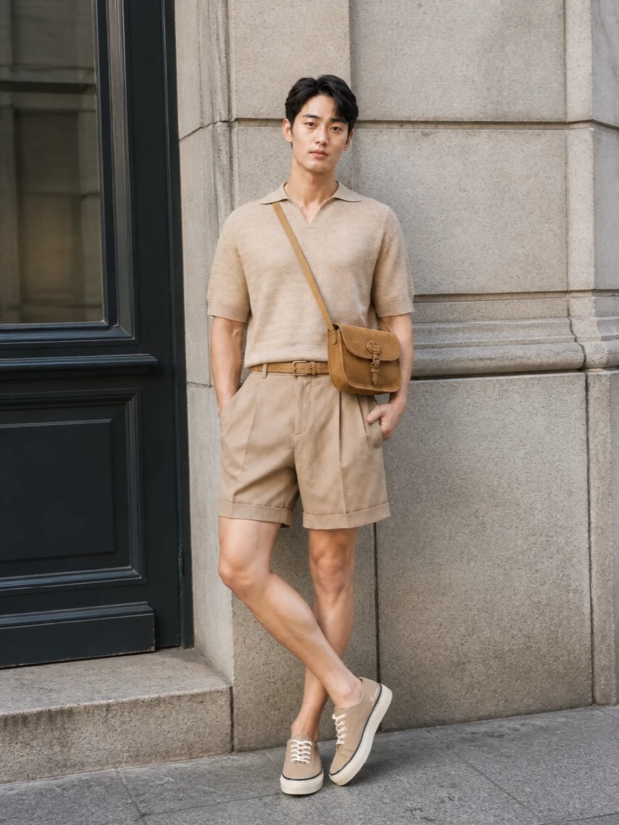 Jacquemus sand knit polo pleated shorts outfit