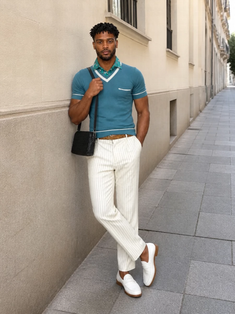 Dolce gabbana teal knit cream pinstripe trousers