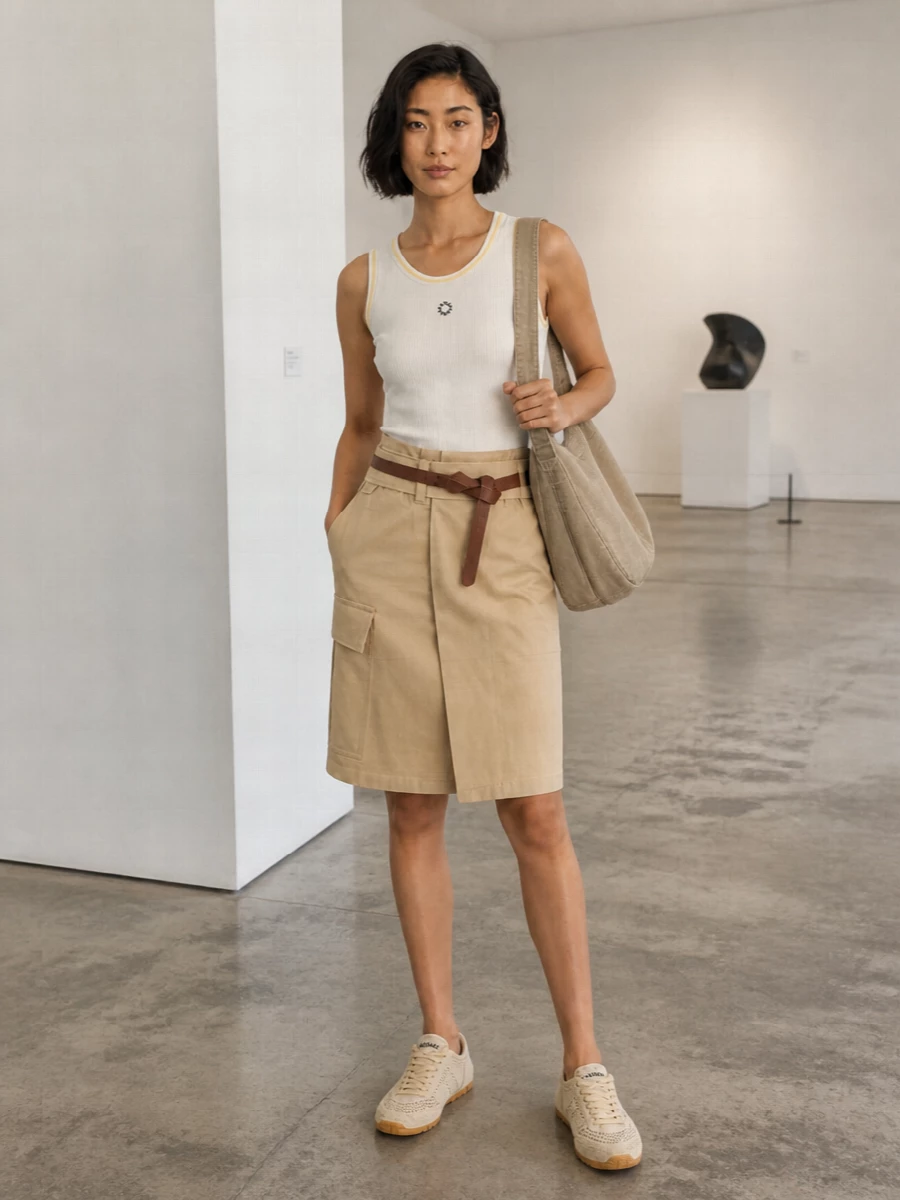 A sand-toned utility story built around the wrap skirt, this pairing keeps the upper half minimal with a ribbed ivory tank so the belted waist and cargo details stay sharp. Woven neutral sneakers and a soft stone cross-body keep the palette light and practical, while a knotted tan belt adds just enough definition without stiffening the silhouette. It is an easy city-ready uniform that feels functional, modern and quietly coordinated in warm neutrals.