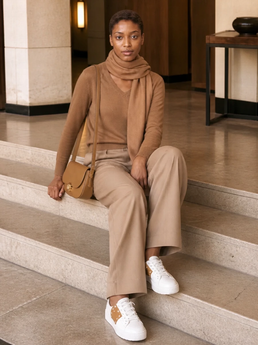 A camel-on-camel story keeps the Valentino sweatshirt firmly in quiet luxury territory, grounded by high-waisted wide-leg trousers for a long, confident line. Clean white sneakers with a camel band relax the tailoring just enough, while a structured tan shoulder bag and tonal scarf finish the outfit with subtle polish. The result is a warm, modern uniform that moves easily from coffee run to casual meetings without ever feeling overdone.