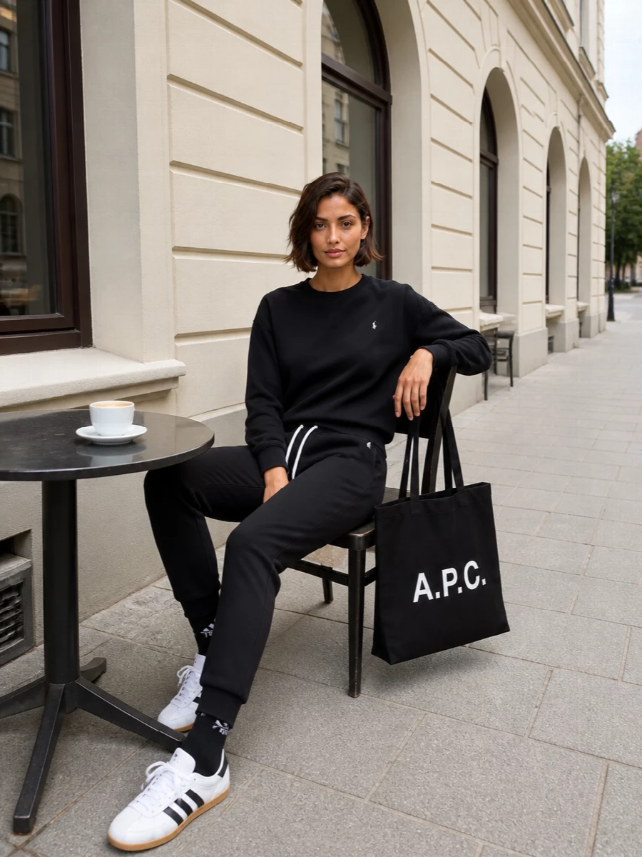 A monochrome black base keeps this Polo jogger set sharp, with the clean crewneck and cuffed leg reading more polished than standard sweats. White-accented sneakers and a graphic tote break up the black just enough, giving a sporty, city-ready vibe you can wear from airport runs to coffee runs. Logo socks peeking above the trainers make the whole combo feel considered, not just thrown on.