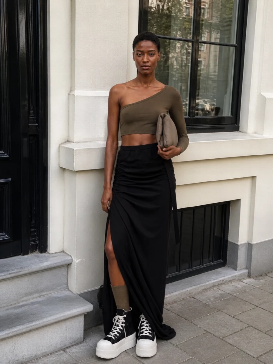 Rick owens asymmetric top black ruched maxi skirt