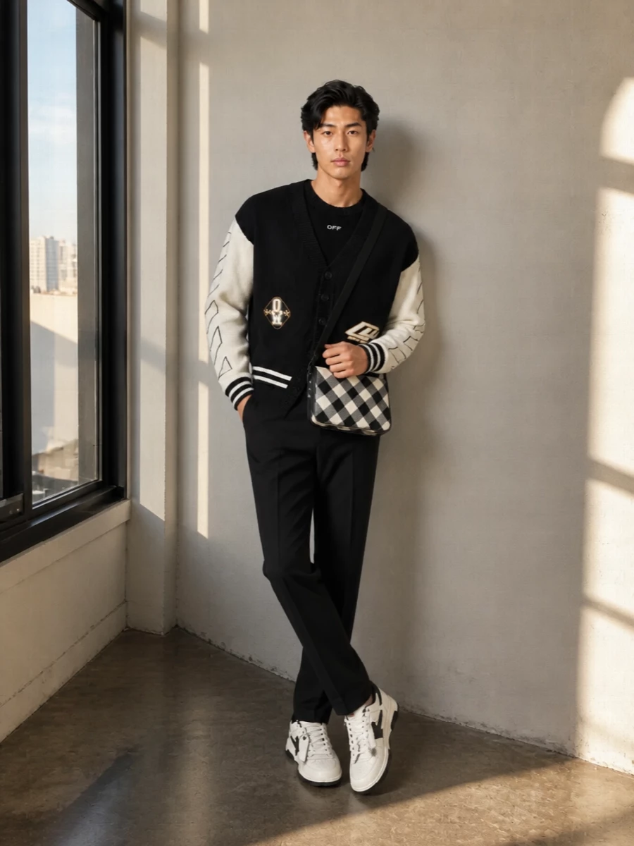 Off white varsity cardigan black trousers outfit