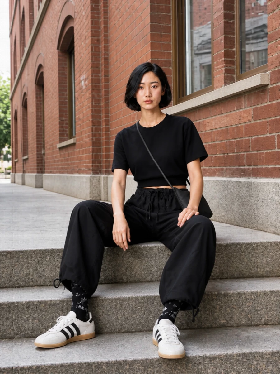 Parosh cargo trousers black knit top adidas trainers