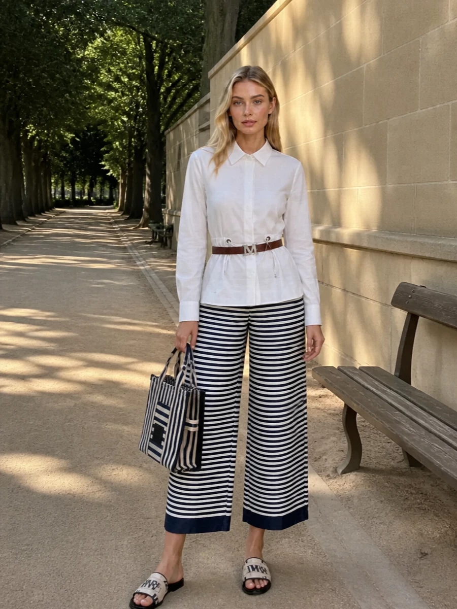 Max mara striped wide leg trousers outfit