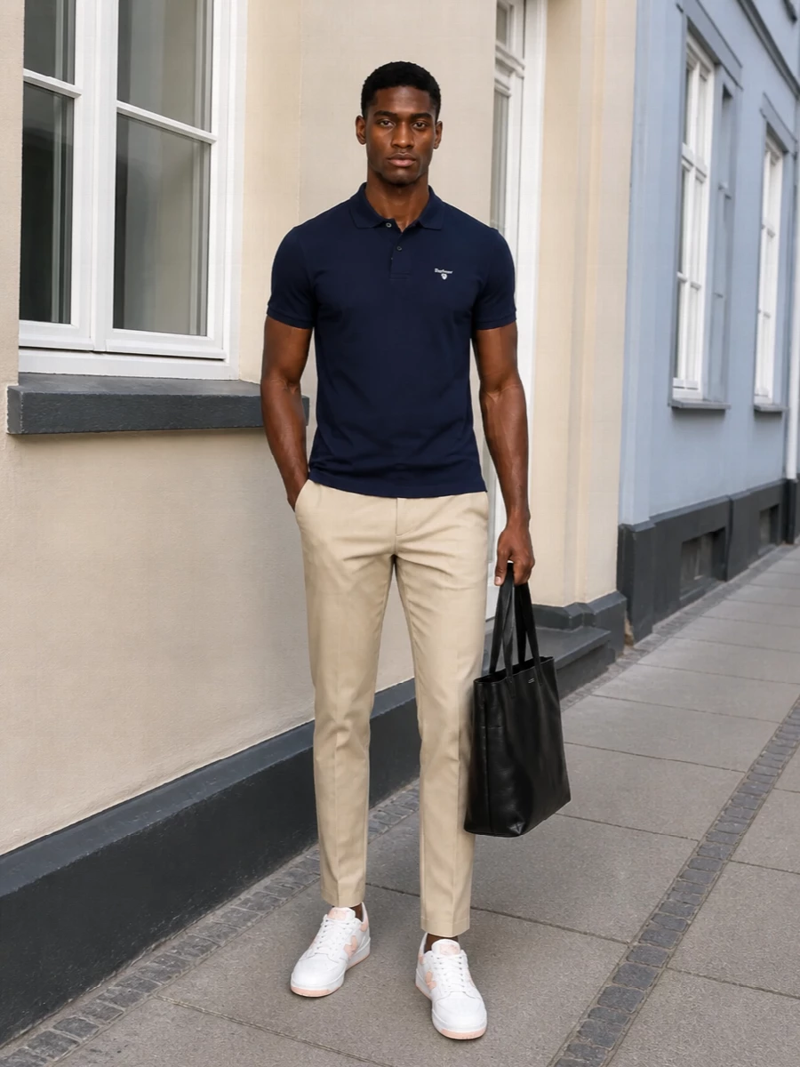 Navy piqué on top and light beige chino below keep the palette calm and polished without feeling stiff. White court sneakers echo the preppy roots and keep the energy easy, while the structured black tote adds a subtle city edge. It is an unfussy, smart-casual combination you can wear from coffee runs to low-key dinners without changing a thing.