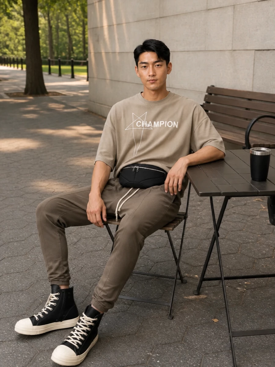 A chalky taupe tee drops into matching Rick Owens drawstring trousers, creating a soft, tonal column that keeps the drop-crotch volume intentional rather than sloppy. Black and cream high-top sneakers and a padded belt bag sharpen the palette, pulling everything back into the brand’s graphic, urban universe. The result is relaxed but precise, ideal for city days where comfort and architecture share equal weight.