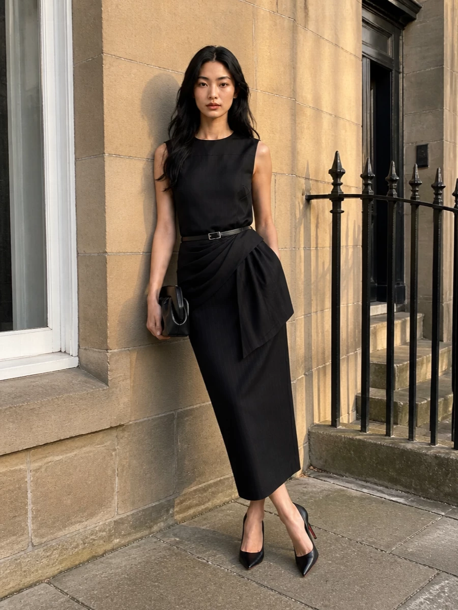 Loulou studio black pinstripe skirt evening outfit