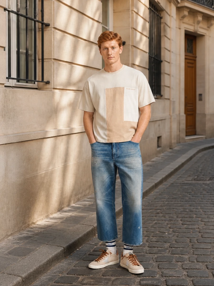 Golden goose jeans beige tee sneakers outfit