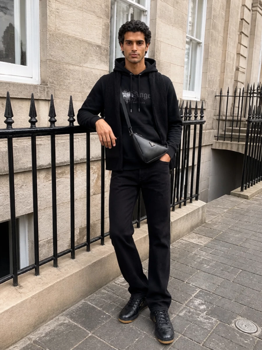 Palm angels hoodie black jeans prada sneakers