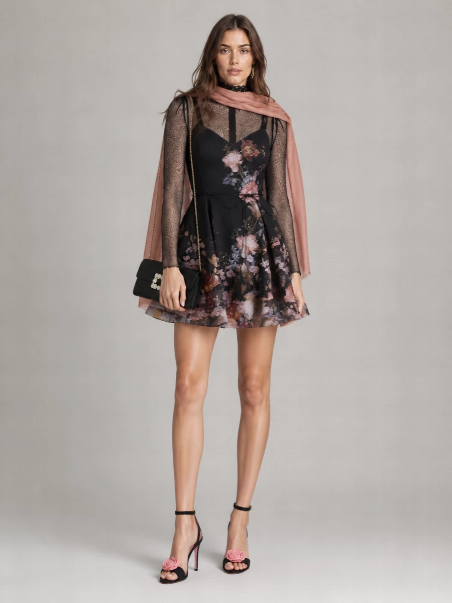 Zimmermann Silk Linen Floral-Print High-Neck Long-Sleeve Mini Dress