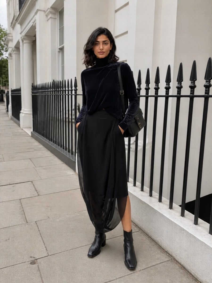 An inky, sculptural Junya turtleneck wraps into the MM6 skirt’s sheer, asymmetric volume for a dark, gallery-to-bar uniform. Pointed leather boots keep the line long and urban, while a slim structured shoulder bag brings just enough precision to ground the drape. The palette stays entirely in deep black and midnight tones, so the interest comes from texture, transparency and cut rather than loud color.