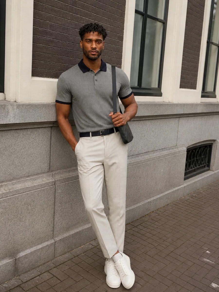 Ink navy on top and light beige below creates a clean, modern take on smart summer dressing. The straight-leg trouser and minimal sneaker keep the silhouette relaxed yet precise, while the subtle belt and compact shoulder bag add just enough structure for city lunches or polished travel days.