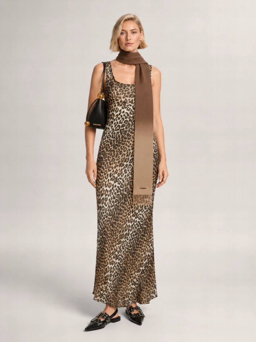 Ganni Leopard-Print Sleeveless Flared Midi Dress