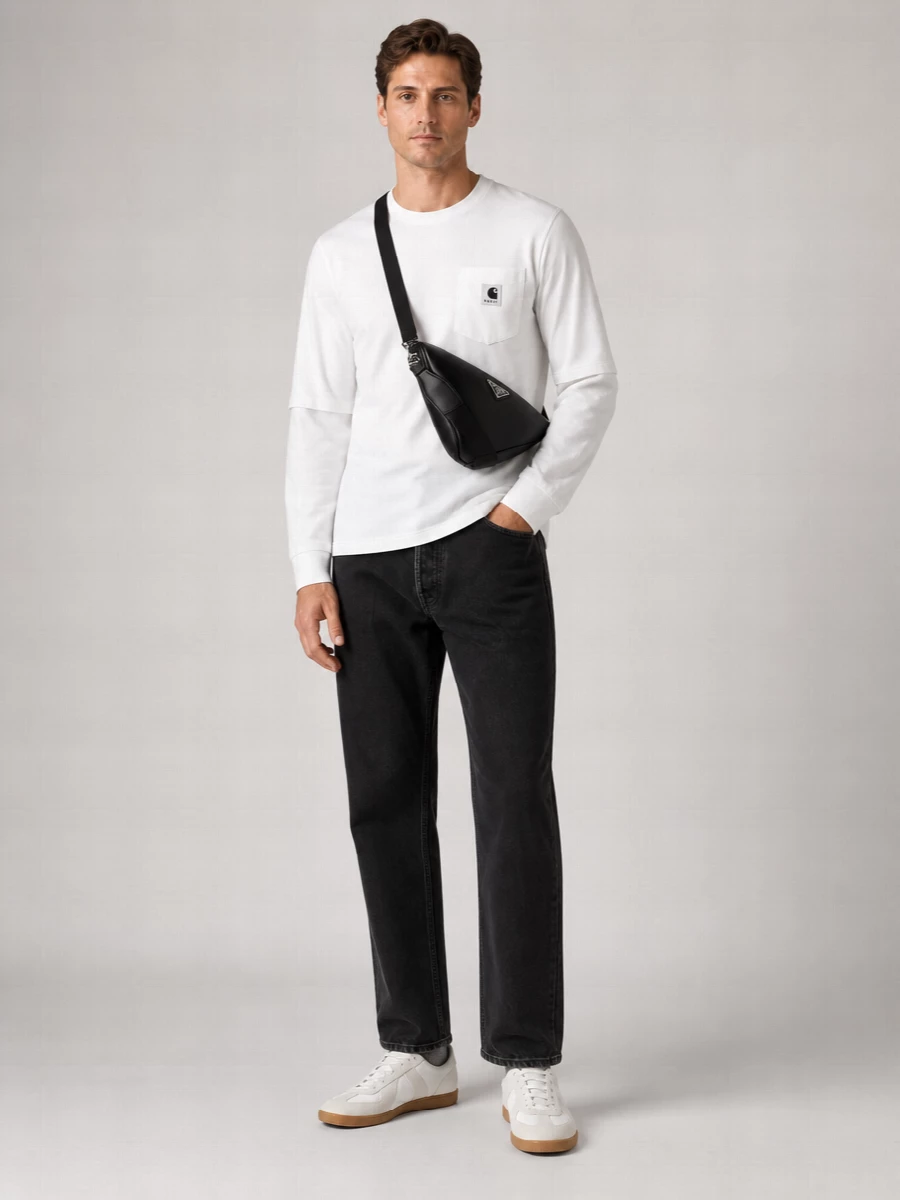 A clean white Sacai tee meets washed-black Margiela denim for a monochrome base that feels considered but relaxed. Margiela’s gum-sole sneakers keep things light at the foot, while the Prada crossbody and CDG socks add small, technical details that stay firmly in the quiet-luxury street space. The result is an easy uniform for city days where you want Japanese-informed sharpness without losing comfort.