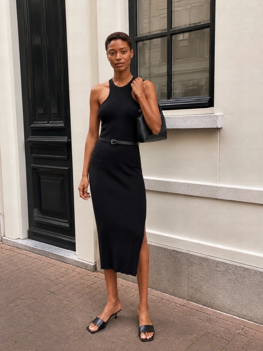 Courreges black halter dress aeyde mules