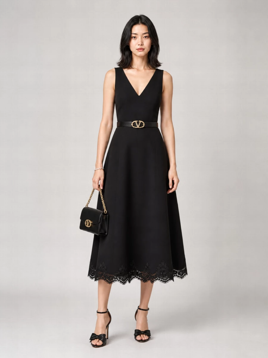 Valentino Garavani Silk Virgin Wool Lace-Trim Midi Dress