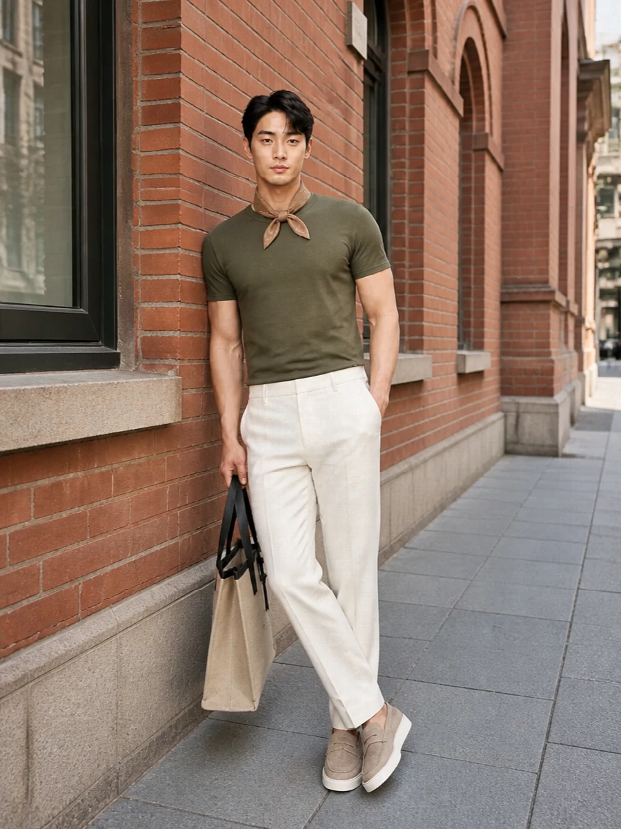 Olive, off-white and soft camel sit together in a restrained palette that feels calm and assured for warm days in the city. The straight trouser and regular-fit tee keep the silhouette clean, while suede loafers and a structured tote introduce just enough texture to signal considered taste. A simple neck scarf is the only accent, reinforcing the quiet, intentional mood rather than competing with it.