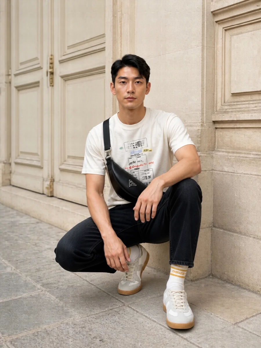 An off-white Margiela graphic tee sits against washed-black denim for a clean, text-driven street uniform. Off-white and grey sneakers keep the line light while a sharp black crossbody and subtle striped socks finish it with quiet, considered detail. The result is relaxed and graphic but still tightly edited in palette and proportion.