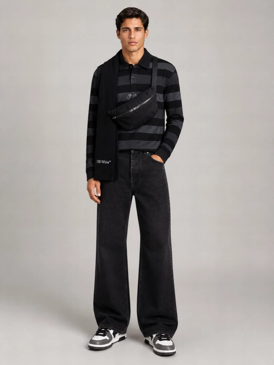 Off-White Striped Relaxed-Fit Long-Sleeve Polo Shirt