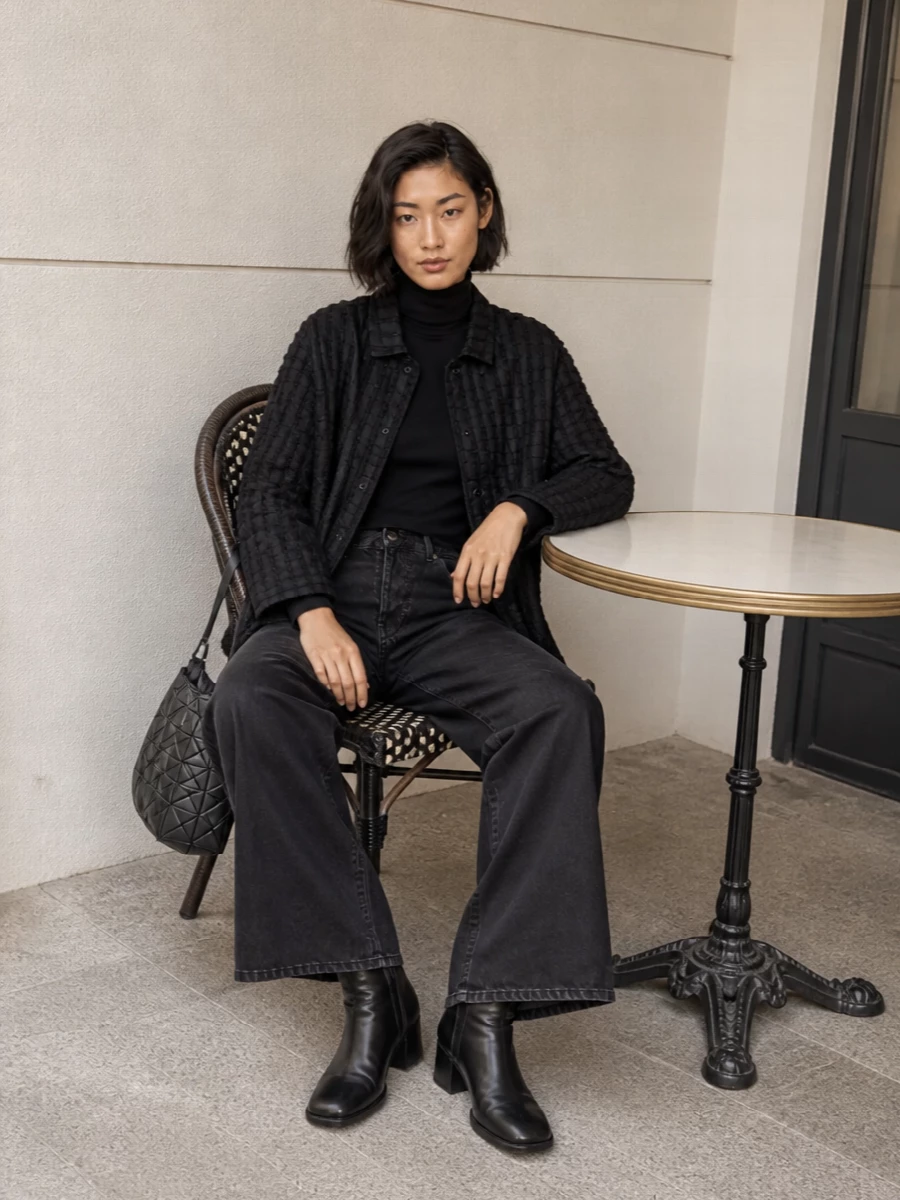Haikure shacket wide leg jeans black boots