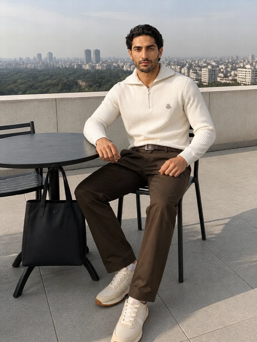 Moncler brown trousers off white half zip outfit
