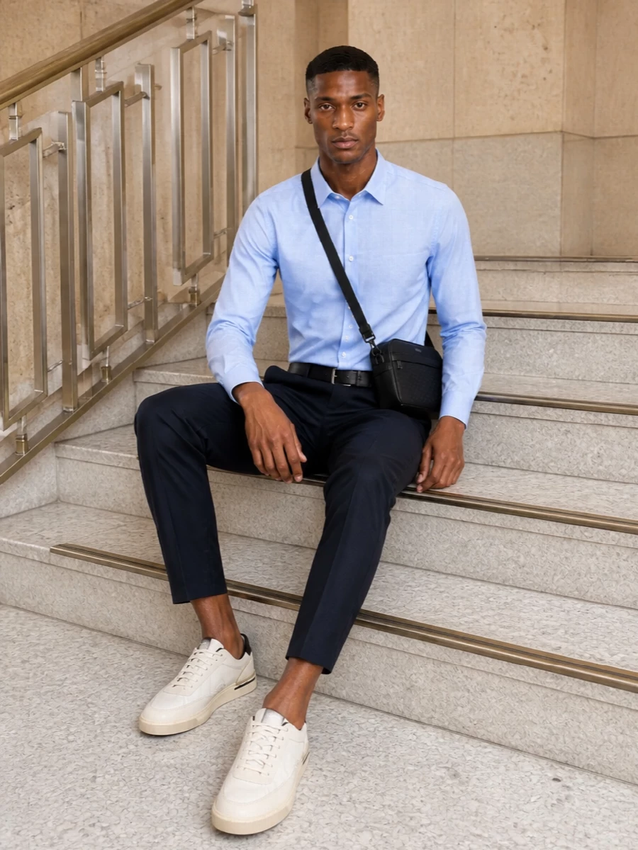 Boss light blue shirt navy cropped trousers outfit