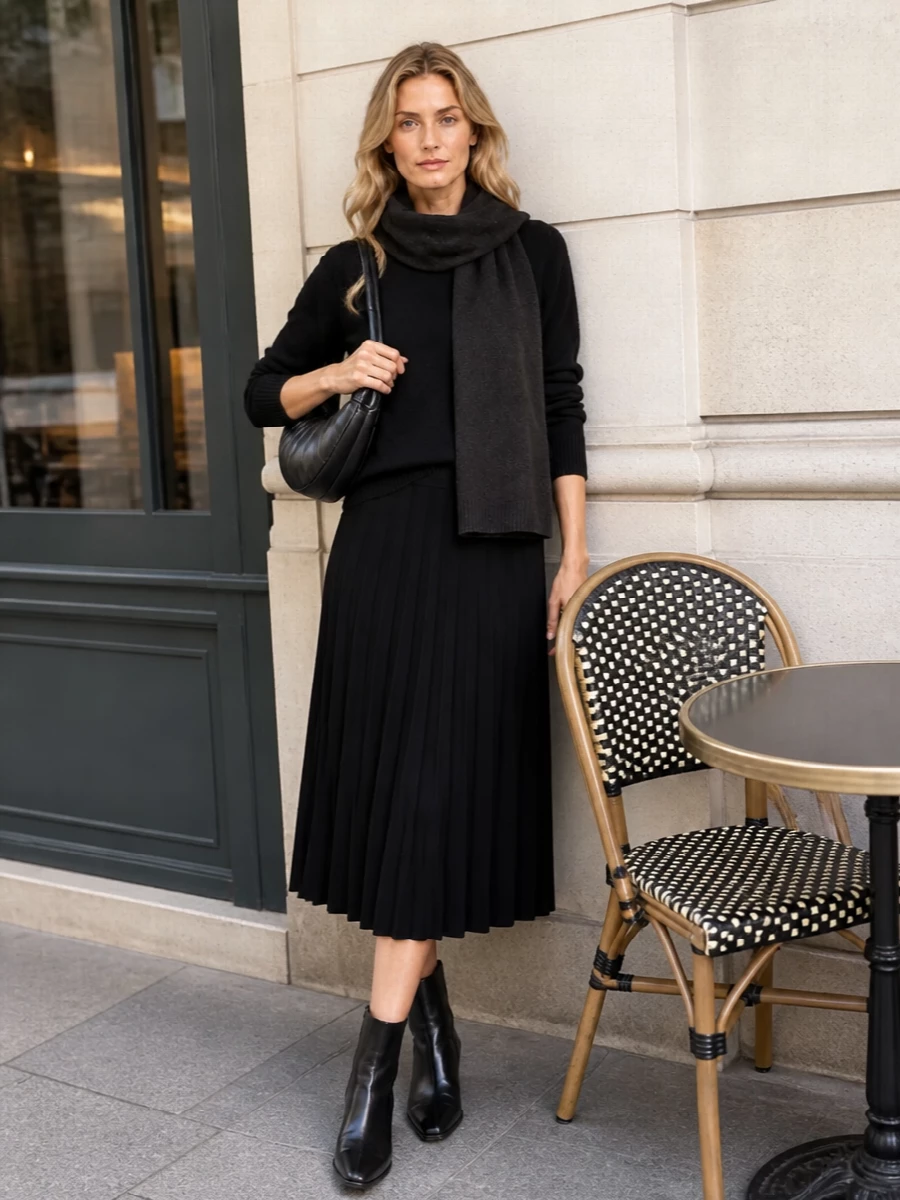 Lisa yang black sweater pleated midi outfit