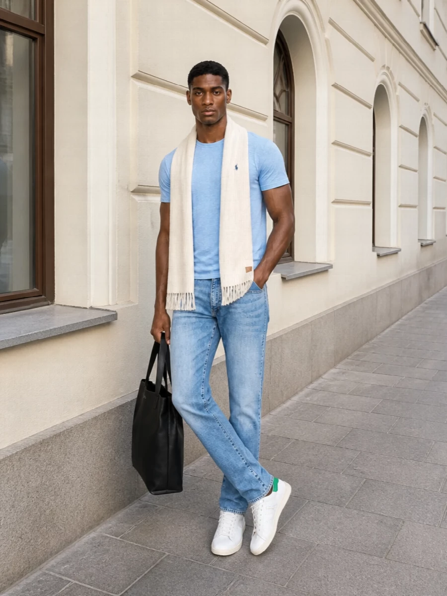 A light-blue Polo tee with straight-leg faded denim sets a clean, preppy base that feels relaxed but still put together. Classic Stan Smiths keep the palette soft and fresh, while a structured black tote and cream scarf add just enough city polish for everyday errands or casual meetups. The result is easy weekend dressing that still reads considered from head to toe.