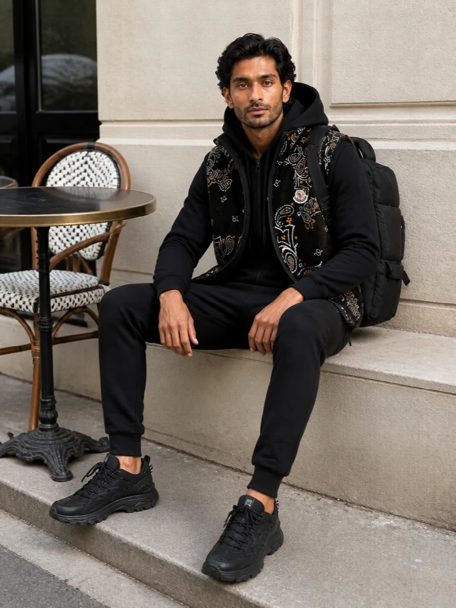 Moncler paisley gilet black joggers sneakers