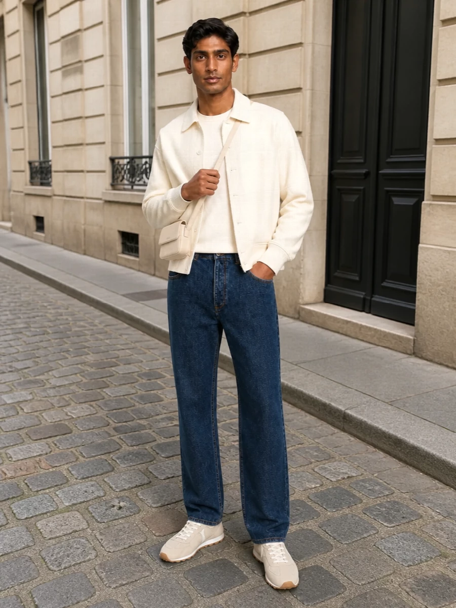 Jacquemus off white bomber dark indigo jeans