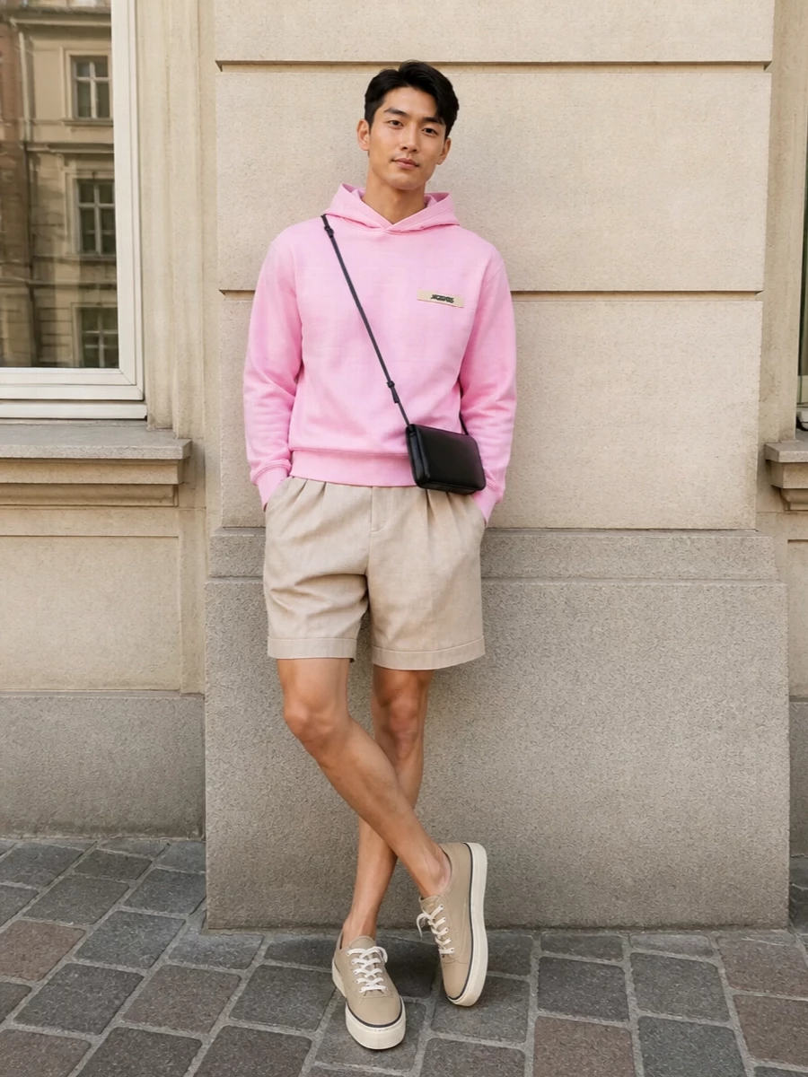 Soft pink and sand-beige build an easy, sunlit uniform: the clean Jacquemus hoodie sits over tailored pleated shorts for a mix of comfort and structure. Sand canvas sneakers keep the palette light and cohesive, while a slim black shoulder bag adds just enough graphic sharpness to feel modern and intentional without breaking the relaxed Mediterranean mood.