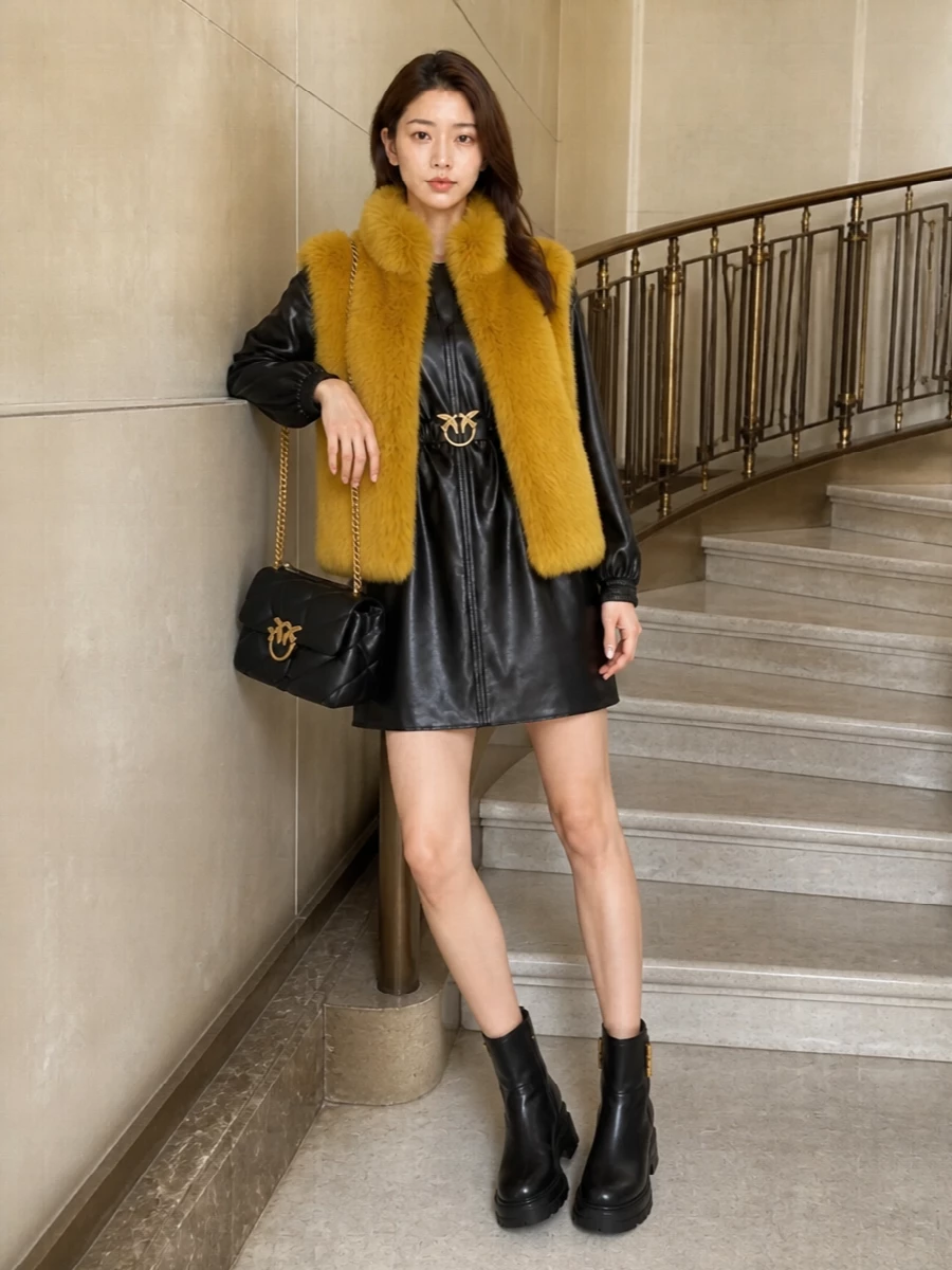 Pinko faux fur gilet black leather mini dress