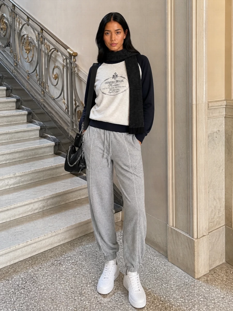 A softly graphic Prada sweatshirt meets sharply detailed heather joggers for a refined, off-duty set in grey, navy and white. Clean white sneakers and a compact black crescent bag keep the silhouette streamlined, while a monochrome knit scarf adds just enough winter texture for city days and travel.