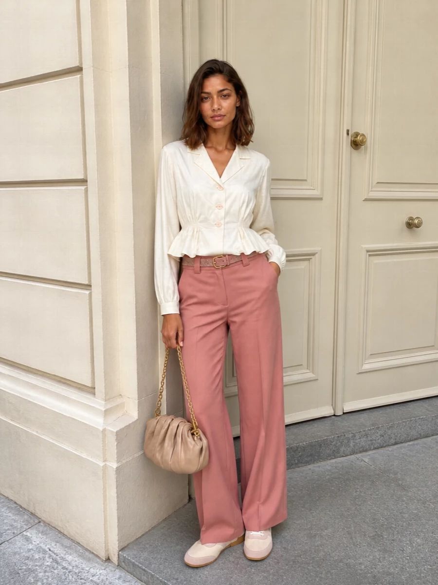 Chloe dusty rose trousers ivory peplum outfit