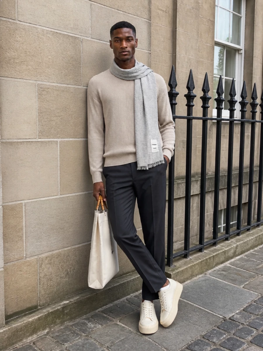 Jil sander beige sweater charcoal trousers outfit