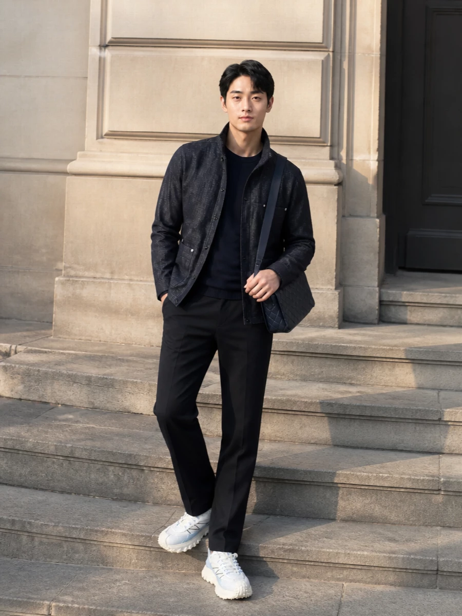 Moncler field jacket navy trousers sneakers outfit