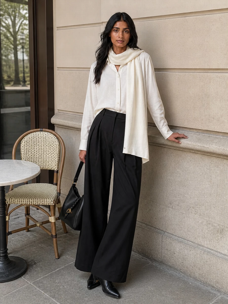 Isabel marant ivory shirt charcoal wide leg trousers