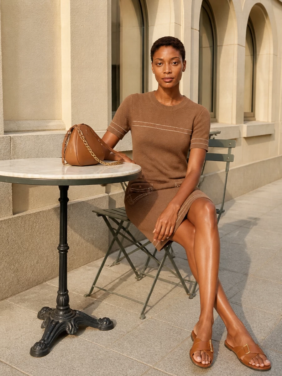 I built this around the knit shift dress rather than separates, because its clean camel column speaks directly to the bag’s caramel leather and keeps the whole story tight and minimal. The warm neutrals sit in the same family, so the bag feels integrated rather than tacked on. Tan leather slides keep the mood low-key and polished, making this an easy uniform for city days that still reads quietly refined.