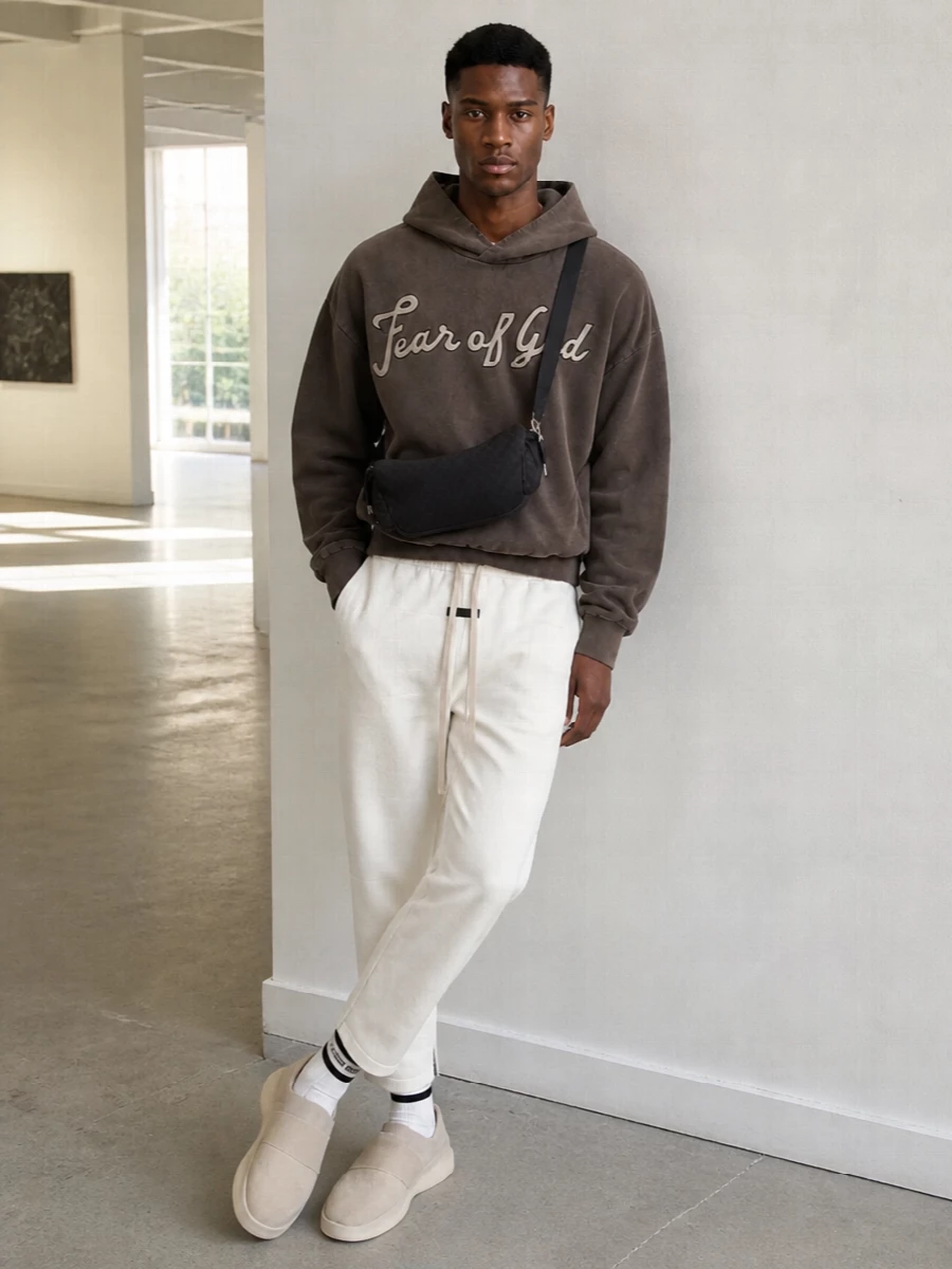 Fear of god hoodie track pants sneakers outfit
