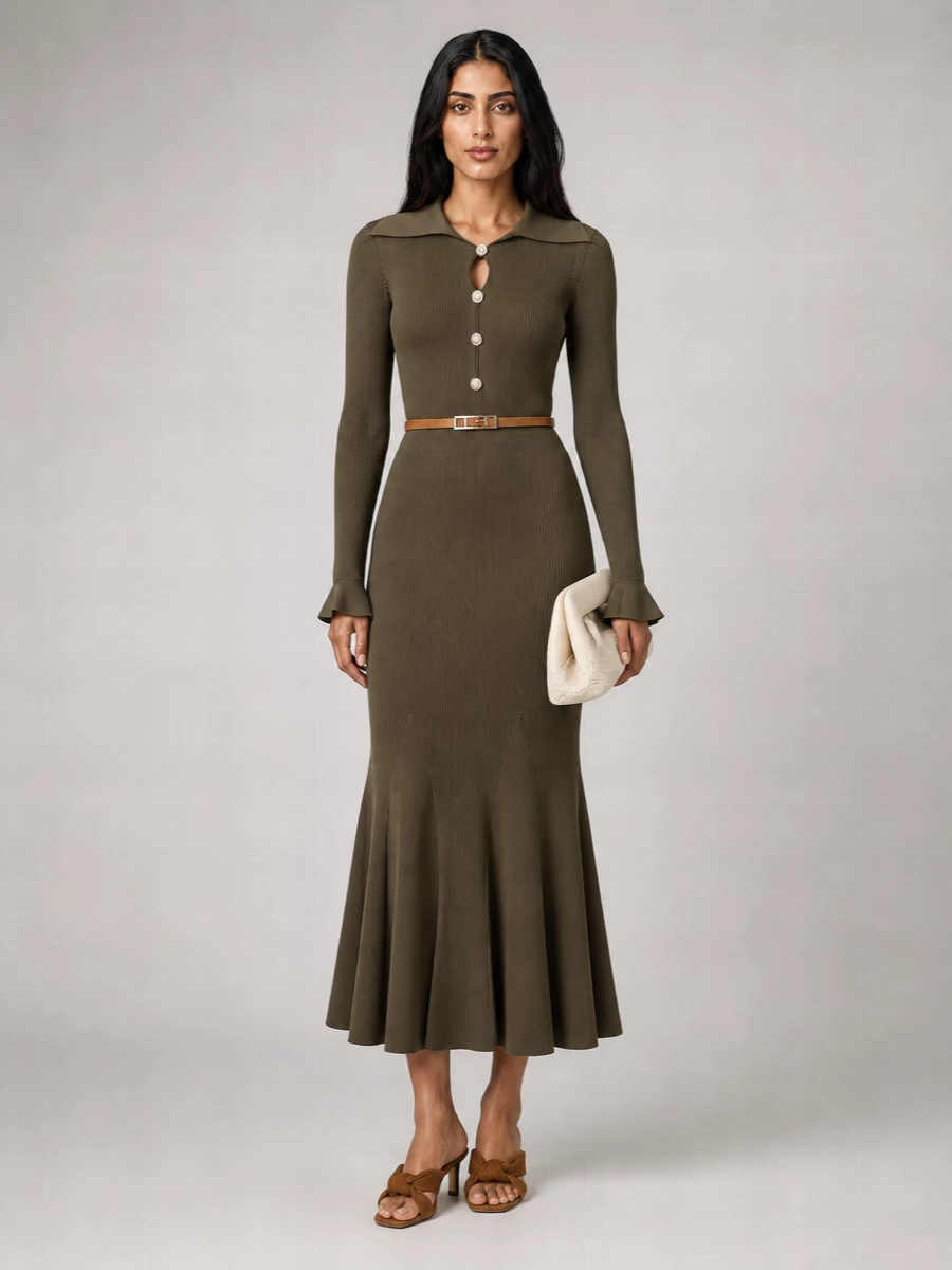 Self-Portrait Knit Cutout Flared Midi Dress