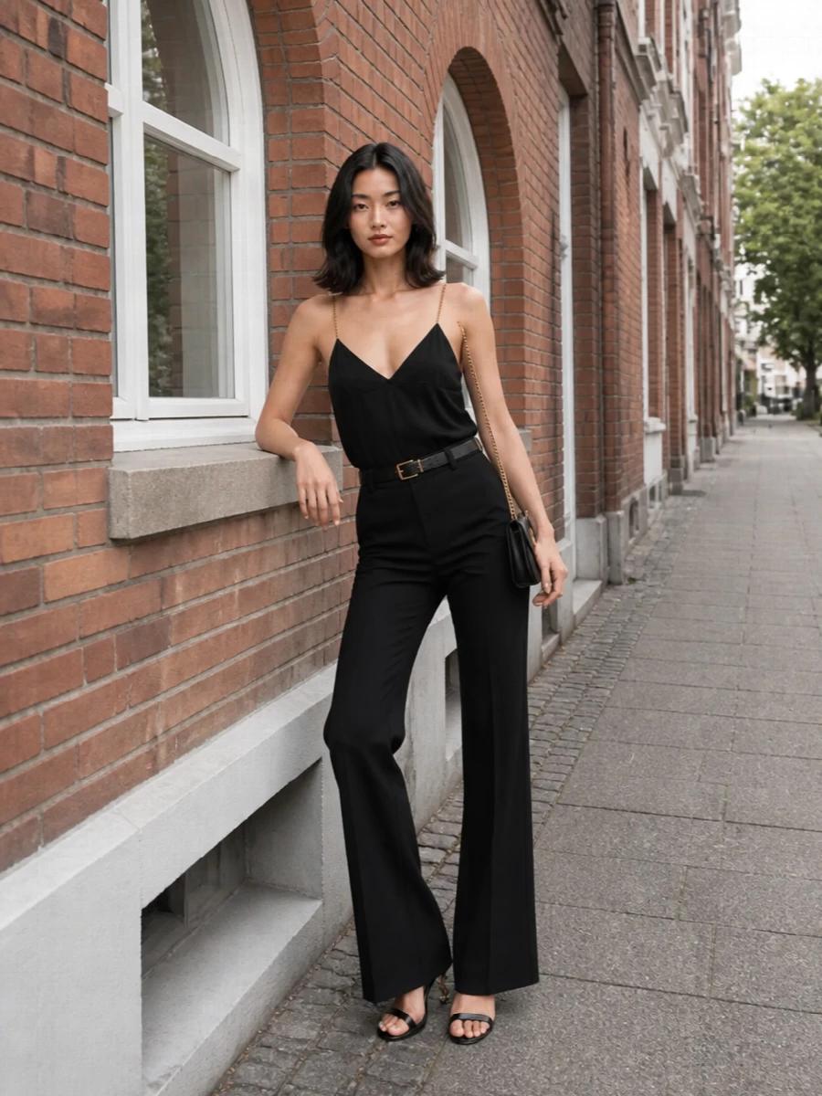 Saint laurent black cami flared trouser outfit