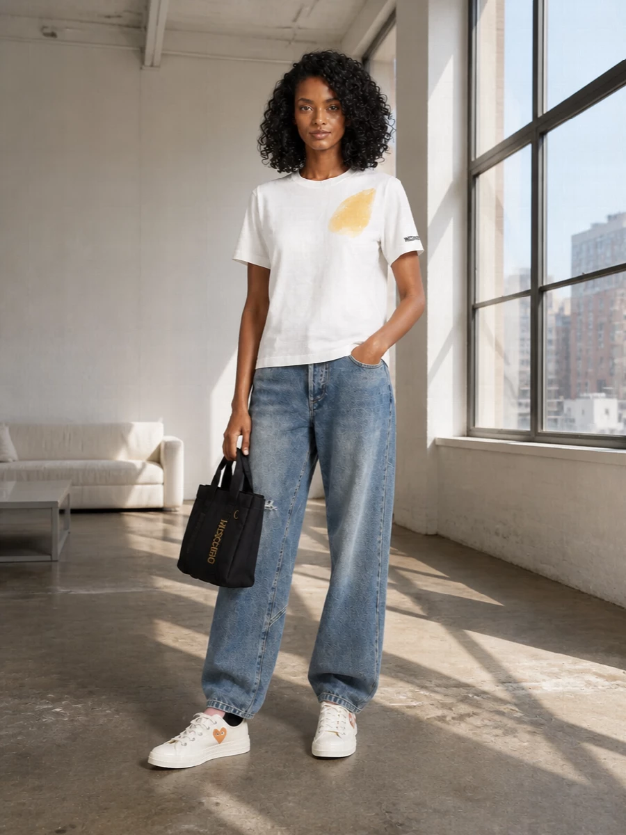 Moschino graphic tee wide leg jeans sneakers
