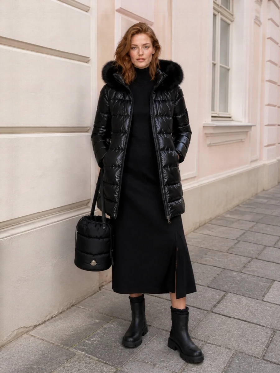 Moose knuckles puffer black knit midi dress outfit