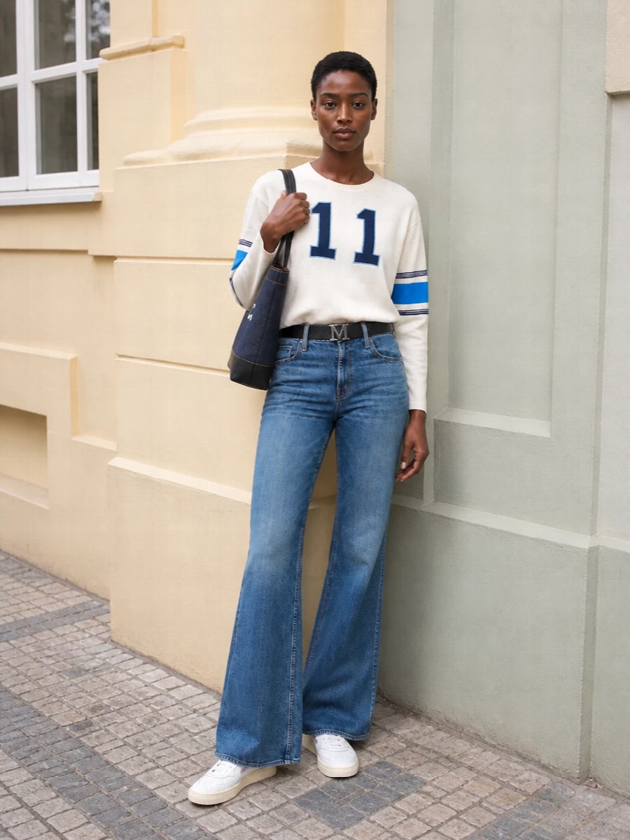 Mother flared jeans varsity top autry sneakers